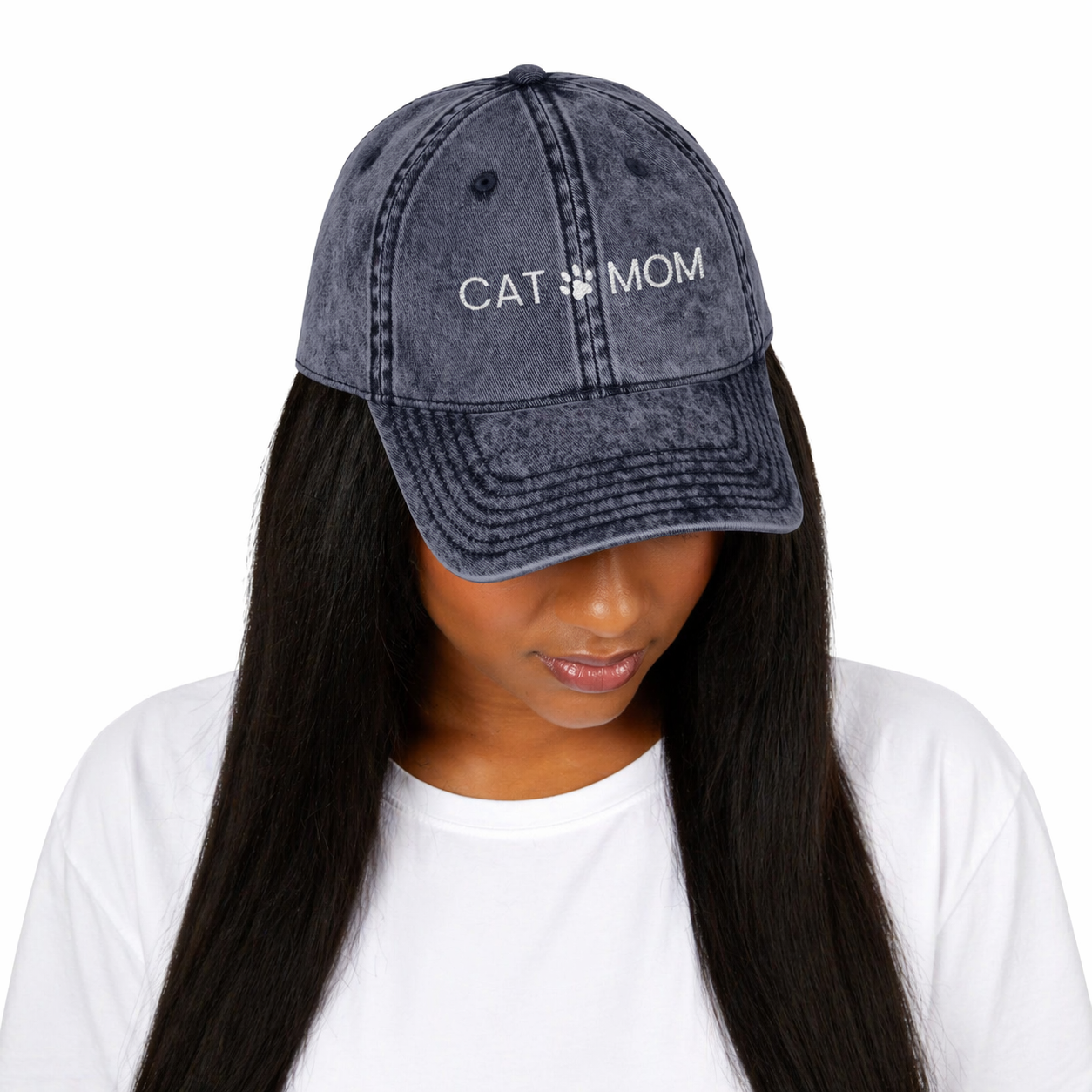 Cat Mom Embroidered Hat – Vintage Washed Cotton Cap (6 Colors)